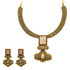 22K Yellow Gold Temple Necklace & Earring Set W/ Kundan & Rubies on Jewelled Double Drop Square Pendant - Virani Jewelers