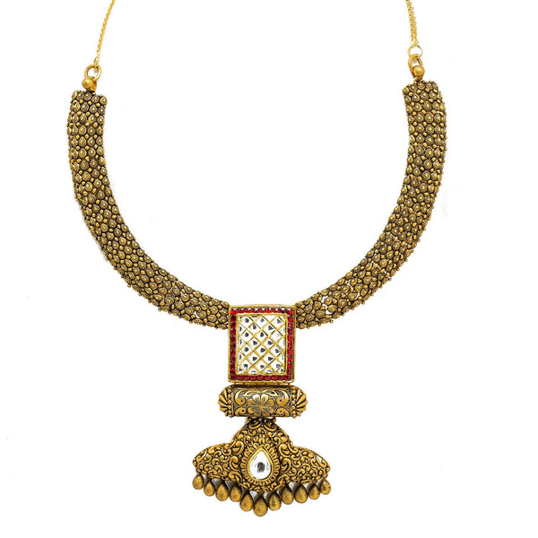 22K Yellow Gold Temple Necklace & Earring Set W/ Kundan & Rubies on Jewelled Double Drop Square Pendant - Virani Jewelers |  22K Yellow Gold Temple Necklace & Earring Set W/ Kundan & Rubies on Jewelled Double Drop...