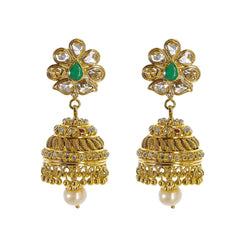 22K Yellow Gold Uncut Diamond Jhumki Earrings W/ 1.77ct Uncut Diamonds, Emeralds, Rubies & Drop Pearls - Virani Jewelers