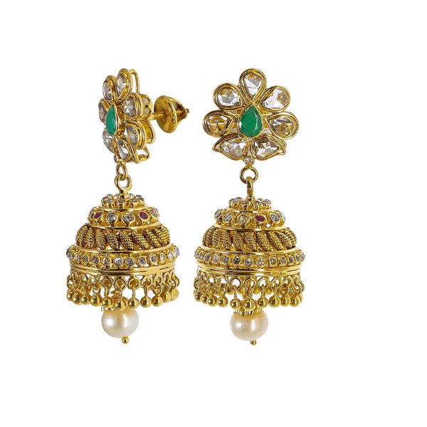 22K Yellow Gold Uncut Diamond Jhumki Earrings W/ 1.77ct Uncut Diamonds, Emeralds, Rubies & Drop Pearls - Virani Jewelers | Explore the beauty and the raw elements of uncut diamonds set in exquisite designs such as these ...