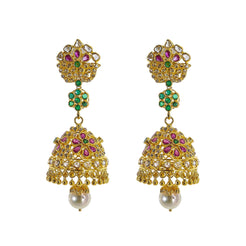 22K Yellow Gold Uncut Diamond Jhumki Earrings W/ 2.45ct Uncut Diamonds, Emeralds, Rubies & Drop Pearls - Virani Jewelers