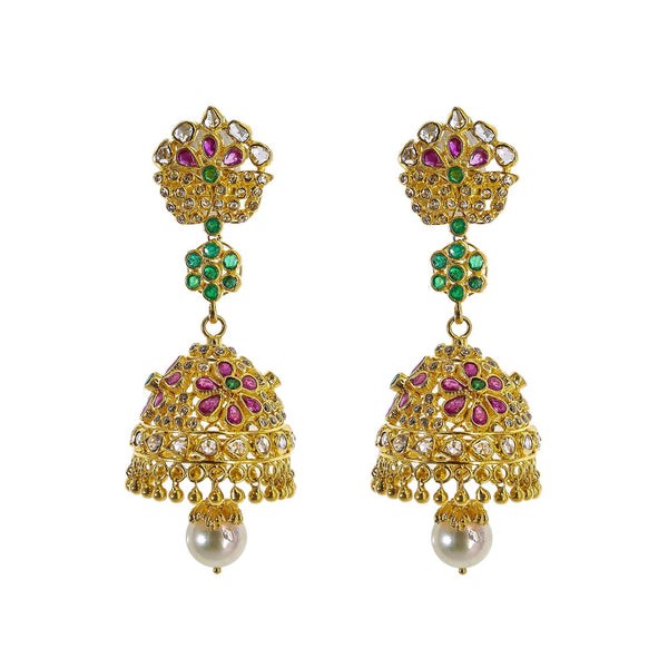 22K Yellow Gold Uncut Diamond Jhumki Earrings W/ 2.45ct Uncut Diamonds, Emeralds, Rubies & Drop Pearls - Virani Jewelers | Explore the beauty and the raw elements of uncut diamonds set in exquisite designs such as these ...