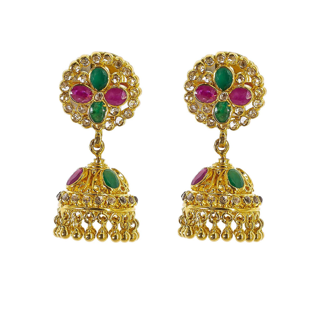 22K Yellow Gold Uncut Diamond Jhumki Earrings W/1.21ct Uncut Diamonds, Emeralds & Rubies - Virani Jewelers | Explore the beauty and the raw elements of uncut diamonds set in exquisite designs such as these ...