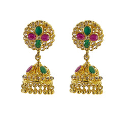 22K Yellow Gold Uncut Diamond Jhumki Earrings W/1.21ct Uncut Diamonds, Emeralds & Rubies - Virani Jewelers