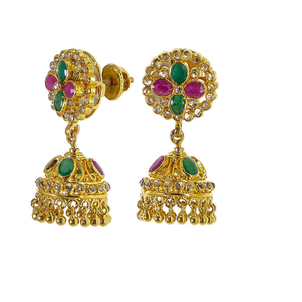 22K Yellow Gold Uncut Diamond Jhumki Earrings W/1.21ct Uncut Diamonds, Emeralds & Rubies - Virani Jewelers | Explore the beauty and the raw elements of uncut diamonds set in exquisite designs such as these ...
