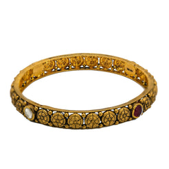 22K Yellow Gold Bangles Set of 2 W/ Rubies, Kundan and Antique Finish Round Details - Virani Jewelers