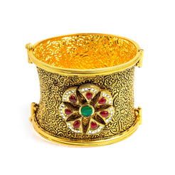 22K Yellow Gold Bangle W/ Rubies, Emeralds & CZ Gems on Antique Finish Flower Cuff - Virani Jewelers