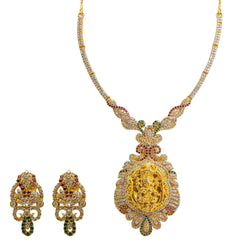 22K Yellow Gold CZ Necklace & Earrings Set W/ Rubies, Emeralds, CZ Gems & Fully Encrusted Laxmi Pendants - Virani Jewelers