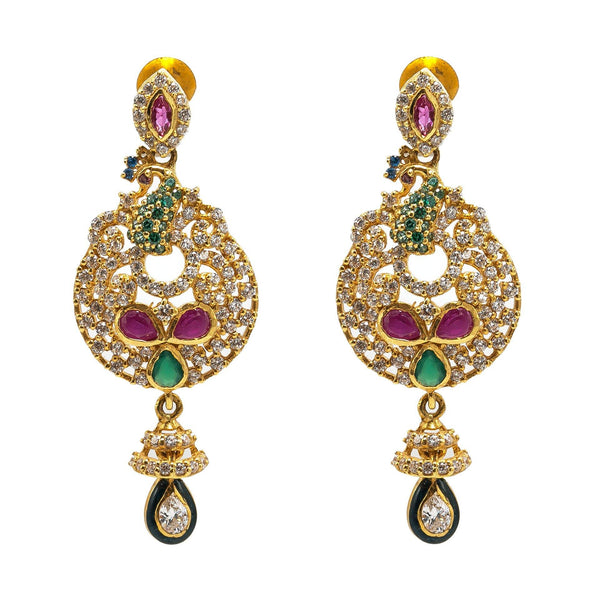 22K Yellow Gold Drop Earrings W/ Rubies, Emeralds, CZ Gems & Round Peacock Pendants - Virani Jewelers |  22K Yellow Gold Drop Earrings W/ Rubies, Emeralds, CZ Gems & Round Peacock Pendants for wome...