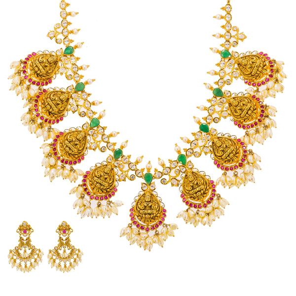 22K Yellow Gold Guttapusalu Necklace & Earrings Set W/ Rubies, Emeralds, CZ Gems, Pearls & Laxmi Accents - Virani Jewelers | Stand out with elegance in the 22K yellow gold Guttapusalu necklace and earrings set from Virani ...