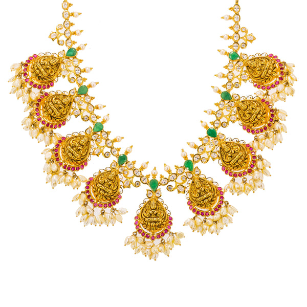 22K Yellow Gold Guttapusalu Necklace & Earrings Set W/ Rubies, Emeralds, CZ Gems, Pearls & Laxmi Accents - Virani Jewelers | Stand out with elegance in the 22K yellow gold Guttapusalu necklace and earrings set from Virani ...
