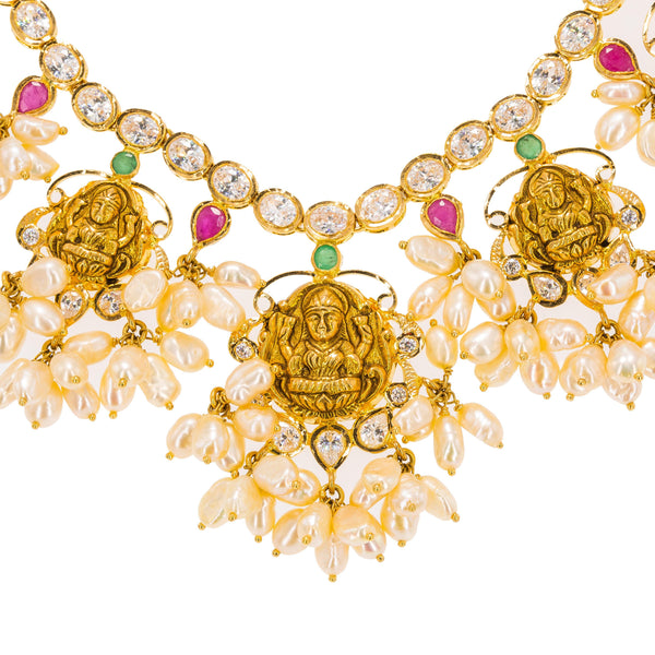 22K Yellow Gold Guttapusalu Necklace & Earrings Set W/ Rubies, Emeralds, CZ Gems, Cluster Pearls & Laxmi Accents - Virani Jewelers | Stand out with elegance in the 22K yellow gold Guttapusalu necklace and earrings set from Virani ...