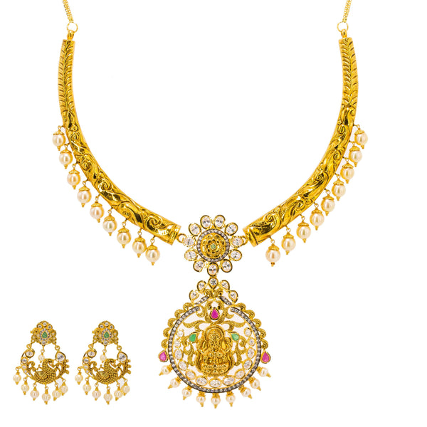 22K Yellow Gold Hasdi Paachi Necklace & Chandbali Earring Set W/ Rubies, Emeralds, CZ Gems & Pearls - Virani Jewelers | Radiate upon arrival with this exquisite 22K Yellow Gold Hasdi Paachi Necklace & Chandbali Ea...