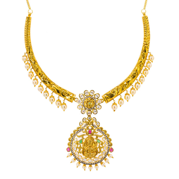 22K Yellow Gold Hasdi Paachi Necklace & Chandbali Earring Set W/ Rubies, Emeralds, CZ Gems & Pearls - Virani Jewelers | Radiate upon arrival with this exquisite 22K Yellow Gold Hasdi Paachi Necklace & Chandbali Ea...