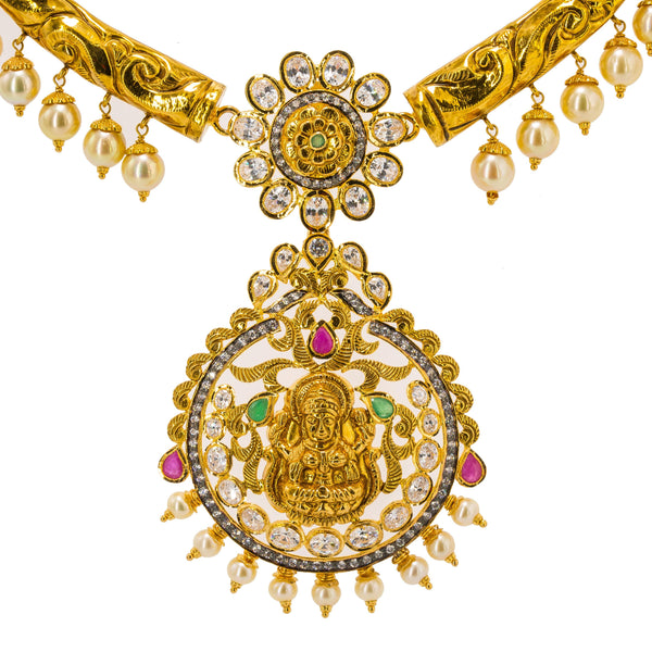 22K Yellow Gold Hasdi Paachi Necklace & Chandbali Earring Set W/ Rubies, Emeralds, CZ Gems & Pearls - Virani Jewelers | Radiate upon arrival with this exquisite 22K Yellow Gold Hasdi Paachi Necklace & Chandbali Ea...