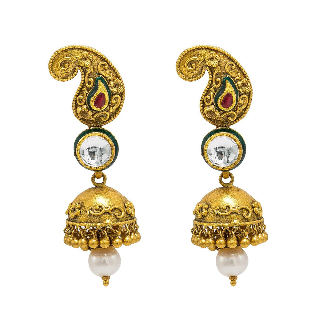 22K Yellow Gold Jhumki Drop Earrings W/ Ruby, Emerald, Kundan & Mango Accents in Antique Finish - Virani Jewelers | 22K Yellow Gold Jhumki Drop Earrings W/ Ruby, Emerald, Kundan & Mango Accents in Antique Fini...