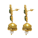 22K Yellow Gold Jhumki Drop Earrings W/ Ruby, Emerald, Kundan & Mango Accents in Antique Finish - Virani Jewelers | 22K Yellow Gold Jhumki Drop Earrings W/ Ruby, Emerald, Kundan & Mango Accents in Antique Fini...