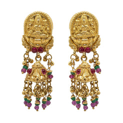 22K Yellow Gold JhumkiDrop Earrings W/ Rubies, Emeralds, Laxmi Pendant & Beaded tassels - Virani Jewelers
