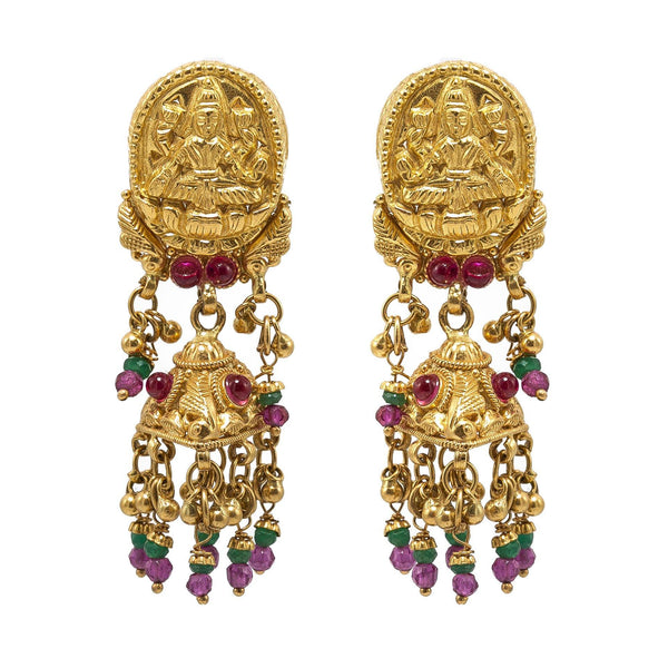 22K Yellow Gold JhumkiDrop Earrings W/ Rubies, Emeralds, Laxmi Pendant & Beaded tassels - Virani Jewelers |  22K Yellow Gold JhumkiDrop Earrings W/ Rubies, Emeralds, Laxmi Pendant & Beaded tassels for ...