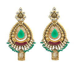 22K Yellow Gold JhumkiDrop Earrings W/ Rubies, Emeralds, Pearls, Kundan & Antique Finish Pendants - Virani Jewelers