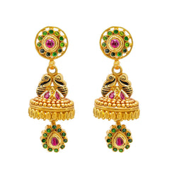 22K Yellow Gold Jumkhi Drop Earrings W/ Rubies, Emeralds & Hand Painted Details - Virani Jewelers