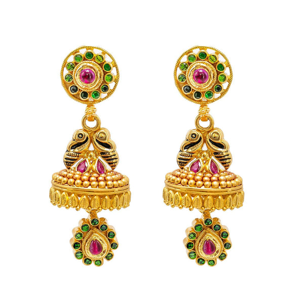 22K Yellow Gold Jumkhi Drop Earrings W/ Rubies, Emeralds & Hand Painted Details - Virani Jewelers | 22K Yellow Gold Jumkhi Drop Earrings W/ Rubies, Emeralds & Hand Painted Details for women. Ma...