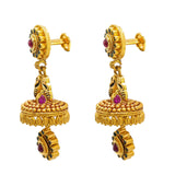 22K Yellow Gold Jumkhi Drop Earrings W/ Rubies, Emeralds & Hand Painted Details - Virani Jewelers | 22K Yellow Gold Jumkhi Drop Earrings W/ Rubies, Emeralds & Hand Painted Details for women. Ma...