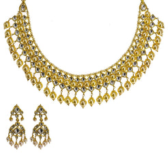 22K Yellow Gold Kundan Necklace & Earrings Set W/ Hanging Pearls, 104.1g - Virani Jewelers