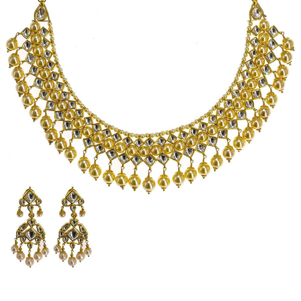 22K Yellow Gold Kundan Necklace & Earrings Set W/ Hanging Pearls, 104.1g - Virani Jewelers | 22K Yellow Gold Kundan Necklace & Earrings Set W/ Hanging Pearls,104.1g for women. This uniqu...