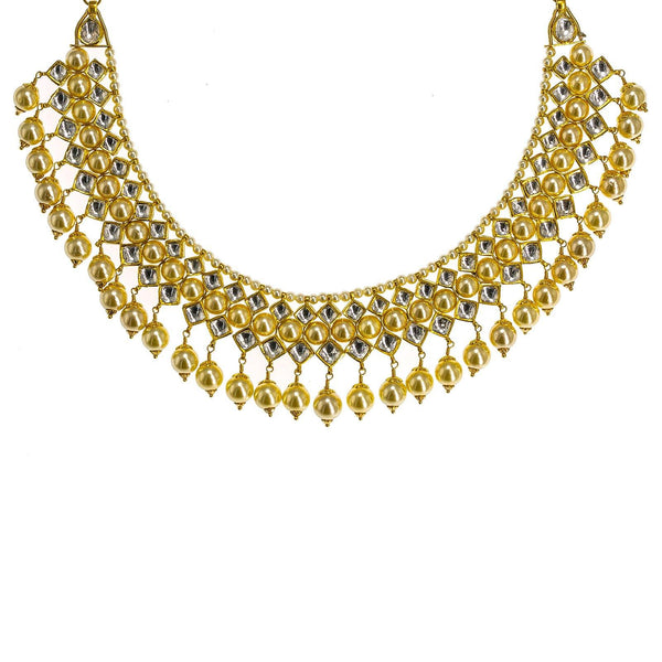 22K Yellow Gold Kundan Necklace & Earrings Set W/ Hanging Pearls, 104.1g - Virani Jewelers | 22K Yellow Gold Kundan Necklace & Earrings Set W/ Hanging Pearls,104.1g for women. This uniqu...