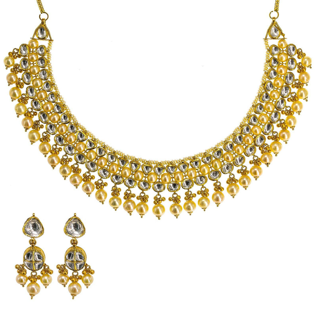 22K Yellow Gold Kundan Necklace & Earrings Set W/ Hanging Pearls, 97.1g - Virani Jewelers | 22K Yellow Gold Kundan Necklace & Earrings Set W/ Hanging Pearls, 97.1g for women. This uniqu...