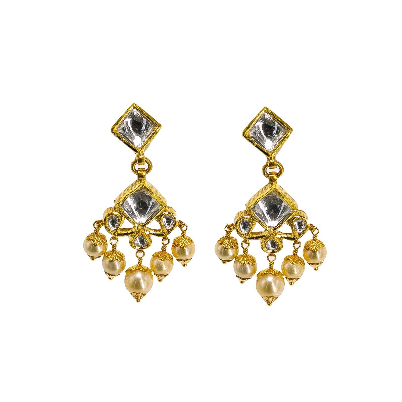 Virani Jewelers 22K Yellow Gold Kundan Necklace Earrings Set w Hanging Pearls 59.1g