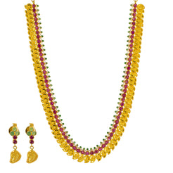 22K Yellow Gold Necklace & Earrings Mango Set W/ Rubies, Emeralds, CZ Gems & Laxmi Accents - Virani Jewelers