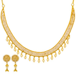 22K Yellow Gold Necklace & Drop Earrings Set W/ CZ Polki & Drop Pearls - Virani Jewelers