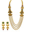 22K Yellow Gold Temple Necklace & Earrings Set W/ Emeralds, Rubies & Draped Beaded Strands - Virani Jewelers