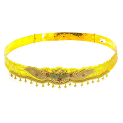 22K Yellow Gold Vaddanam Belt W/ Cubic Zirconia, Rubies, Emeralds, Sapphires & Hanging Pearls on Double Peacock Centerpiece - Virani Jewelers