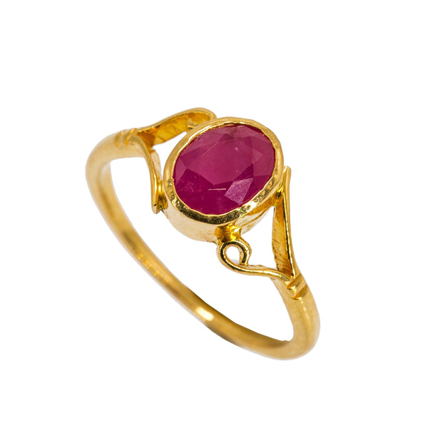 22K Yellow Gold Ruby Ring W/ Vintage Split Shank - Virani Jewelers | Dive into the deep sea of red with this elegant 22K yellow ruby gold women’s ring from Virani Jew...