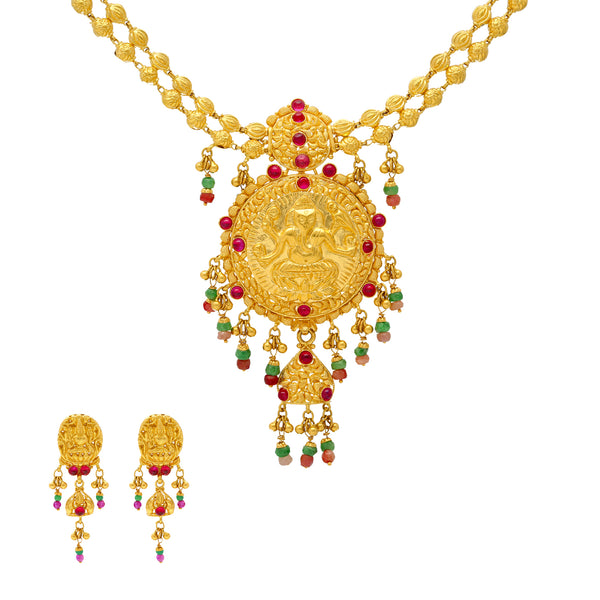 22K-Yellow-Gold&Gemstone-Anvita-Jewelry-Set | 


This dazzling temple jewelry set is made from our signature 22k yellow Indian gold and adorned...