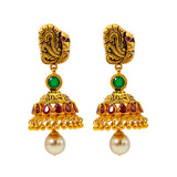 22K Gold, Emerald, & Pearl Temple Set w. Antique Finish (104.3 grams) | 
This dazzling 22k antique gold jewelry set has a vibrant array of emeralds and pearls embedded i...