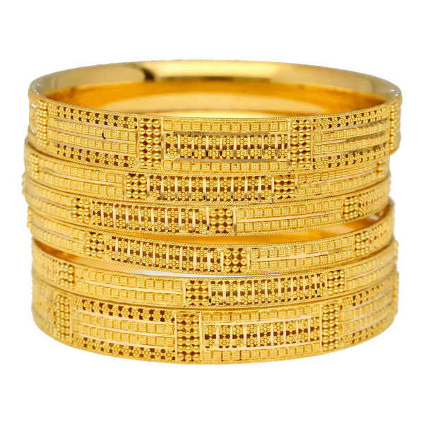 22K Yellow Gold Artisan Bangle Set of 6 (91.7 grams) | 
Our 22K Yellow Gold Artisan Bangle Set of 6 has an alluring design that can be worn with anythin...