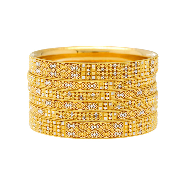 22K Yellow & White Gold Filigree Bangle Set of 6 (93.2gm) | These fabulous Indian 22K gold bangles come in a set of 6. They are made from 22K yellow and whit...