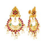 22k Yellow Gold Chandbali Earring (15.8 grams) | These stunning 22K gold pearl Chandbali earrings have a vibrant arrangement of shimmering emerald...