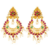 22k Yellow Gold Chandbali Earring (15.8 grams) | These stunning 22K gold pearl Chandbali earrings have a vibrant arrangement of shimmering emerald...