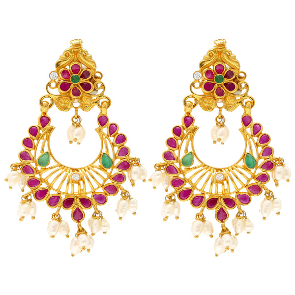 22k Yellow Gold Chandbali Earring (15.8 grams) | These stunning 22K gold pearl Chandbali earrings have a vibrant arrangement of shimmering emerald...