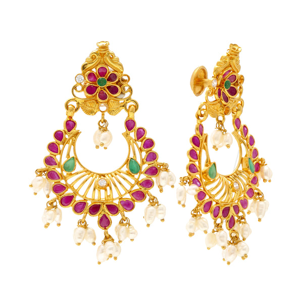 22k Yellow Gold Chandbali Earring (15.8 grams) | These stunning 22K gold pearl Chandbali earrings have a vibrant arrangement of shimmering emerald...