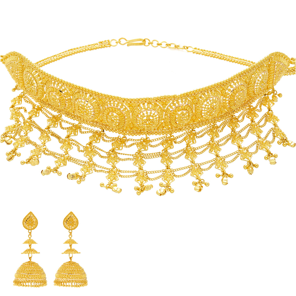 22K Yellow Gold Chandelier Choker w/ Jhumkas | 
This dazzling 22k gold choker necklace has a stunning chandelier style drop design and matching ...