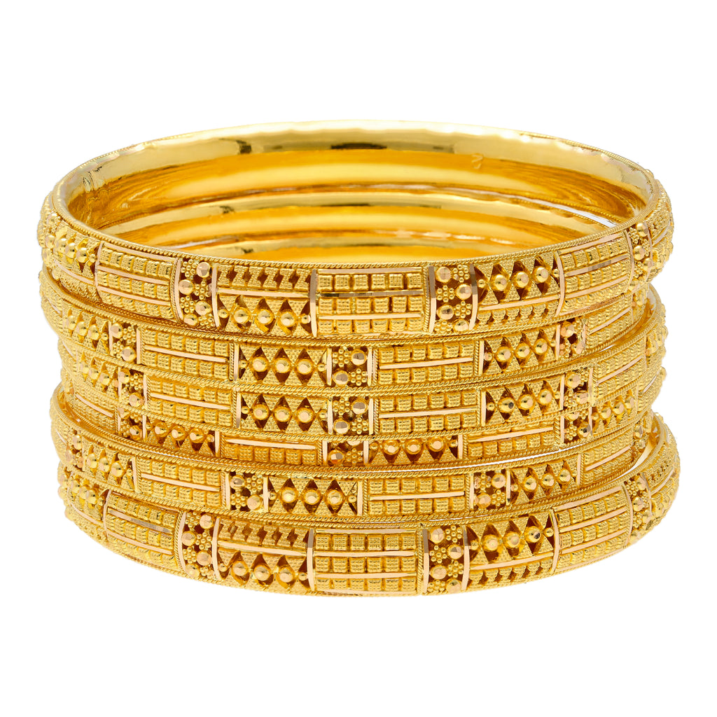 22K Yellow Gold Filigree Bangle Set of 6 (95.4 grams) | 
Our 22K Yellow Gold Filigree Bangle Set of 6 has a lavish design that can pair well with anythin...