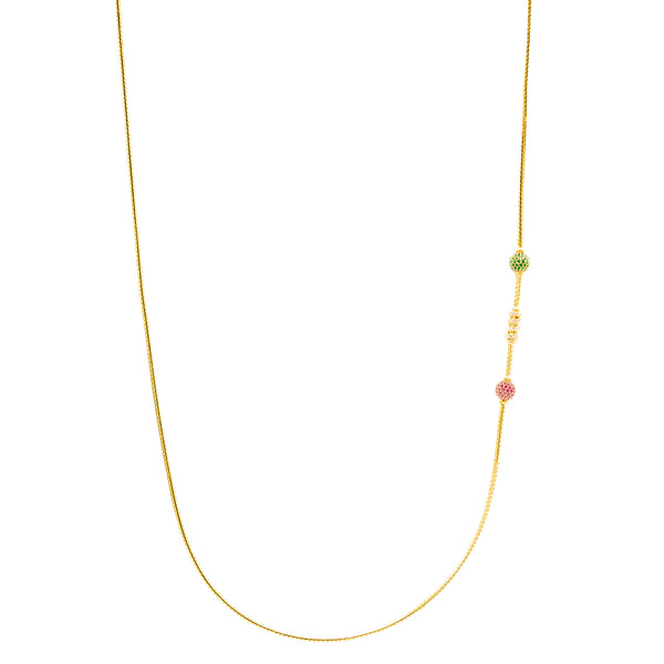 22K Yellow Gold Two Bead Mugappu Chain | 
This sleek 22k gold mugappu chain for women has a classy and chic look. The emerald, ruby, and c...