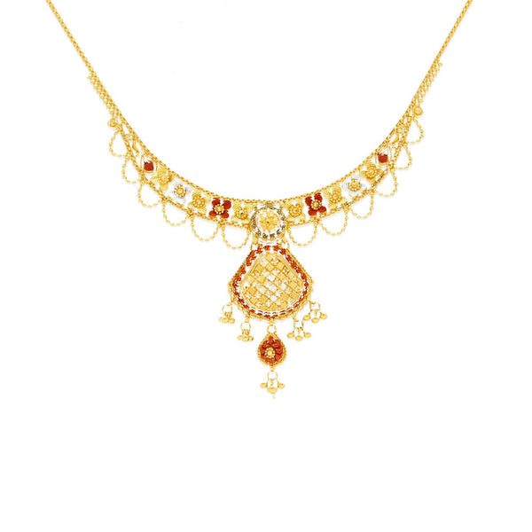 22K Yellow Gold Meenakari Necklace and Earrings Set - Virani Jewelers | Feel gorgeous and glamorous with this 22K gold necklace set from Virani Jewelers!

Features intri...