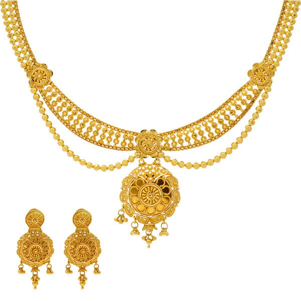 22K Yellow Gold Nyra Jewelry Set | 
This simple and classy 22k gold necklace for women comes with a stunning pair of matching earrin...